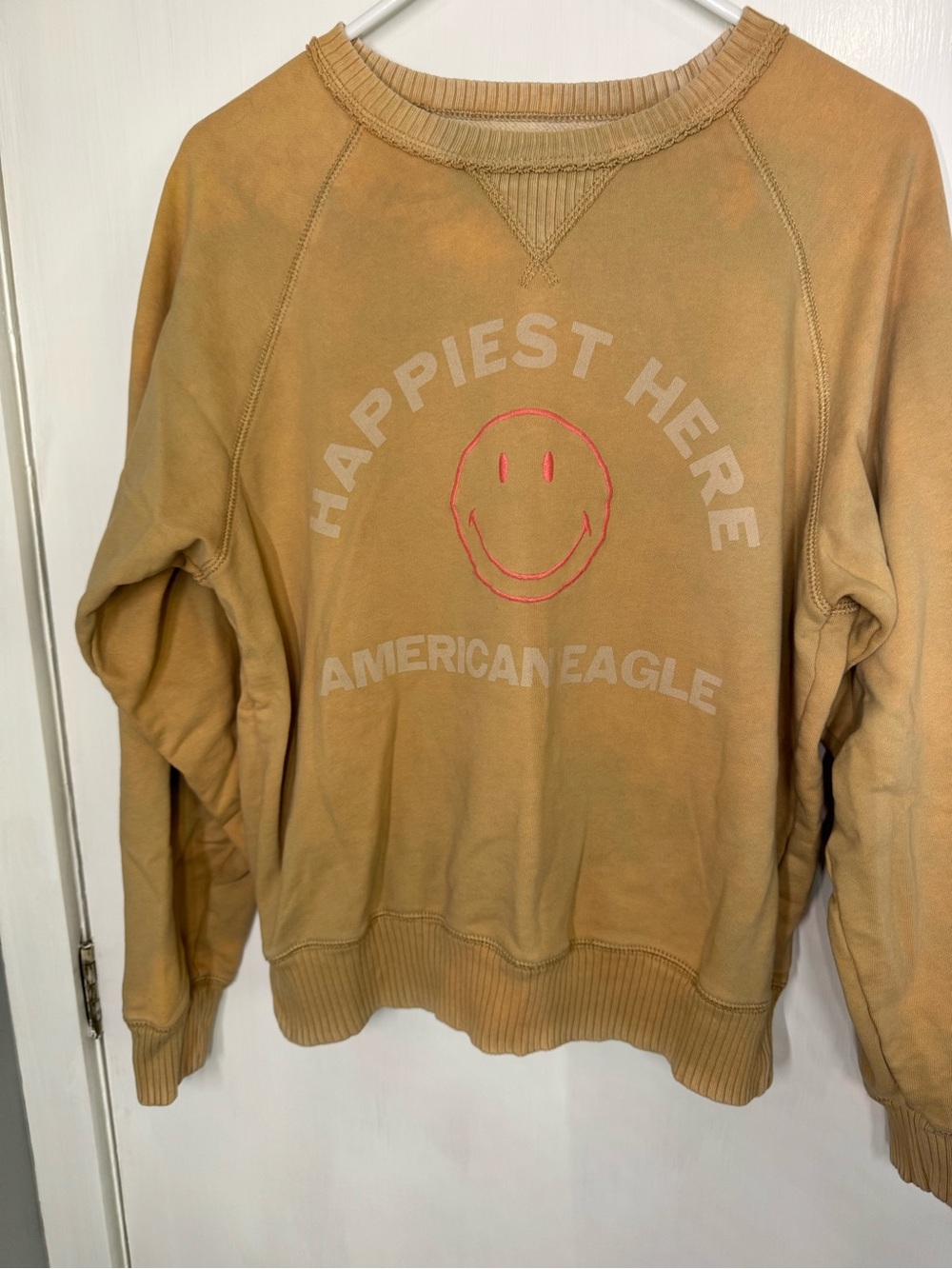 American Eagle Outfitters Men’s Tan Crewneck Sweatshirt with Red Smiley